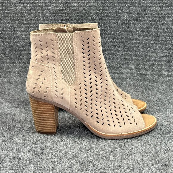 Toms Majorca Peep Toe Booties Womens 7.5 Taupe Suede Perforated Leaf Ankle Boots - Picture 1 of 13